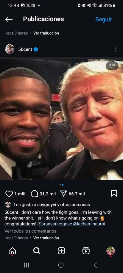 El rapero 50 Cent utilizó su cuenta de Instagram para expresar: “No me importa cómo vaya la pelea. Me voy con el ganador. Todavía no sé qué está pasando”.
