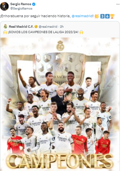 Sergio Ramos, ex jugador del Real Madrid, también se pronunció en sus redes sociales: “¡Enhorabuena por seguir haciendo historia!”.