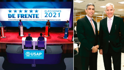 “Render” de la escenografía del foro “De Frente”. Ricardo J. Jaar, presidente ejecutivo de Usap, y el analista Alberto Padilla.