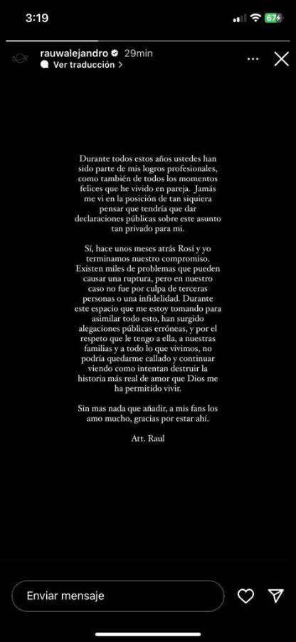 Comunicado compartido por Rauw Alejandro en sus redes sociales.