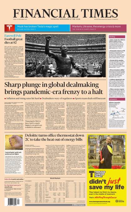 Portada del diario Financial Times (Inglaterra) - El periódico especialista en negocios abrió espacio para destacar la muerte de Pelé.