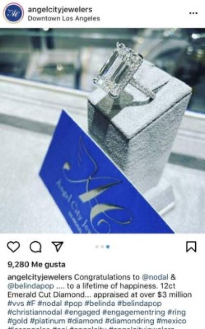“Felicidades a @nodal y @belindapop, para toda una vida de felicidad. Diamante de talla esmeralda de 12 quilates, tasado en más de 3 millones de dólares”, escribió la marca en una publicación de Instagram.