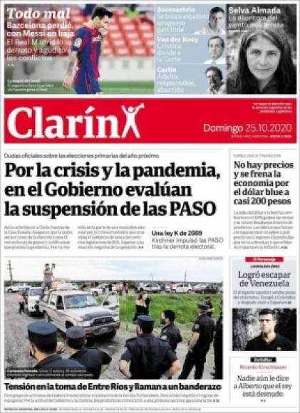 Clarín - 'Todo mal'. 'Barcelona perdió, con Messi en baja'. 'El Real Madrid lo derrotó y agudizó los conflictos', dice el diario argentino.