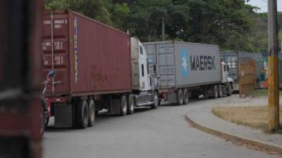 Largas filas de camiones se forman para retirar containers en la terminal de contenedores.