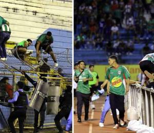 Otra vez la misma historia. Vergonzosas imágenes que provocaron aficionados del Marathón tras invadir el campo del estadio Olímpico durante el derbi sampedrano contra el Real España.