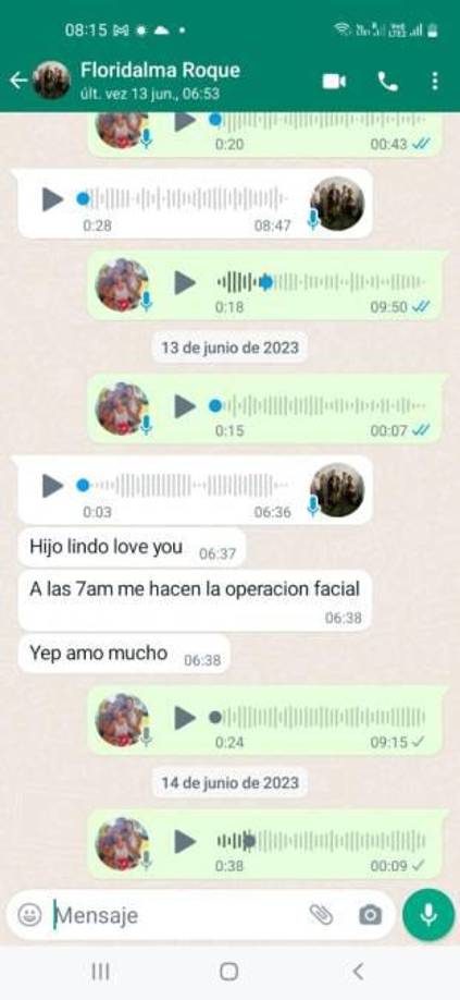 4. El 13 de junio a las 6:38 am Floridalma tuvo la última comunicación con su hijo José. Le dijo que ya iba a pasar al quirófano. “A las 7:00 am me hacen la operación facial”, le dijo. 
