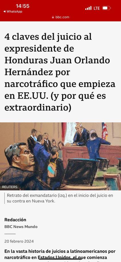 El medio internacional BBC: “4 claves del juicio al expresidente de Honduras Juan Orlando Hernández por narcotráfico que empieza en EE UU (y por qué es extraordinario”.
