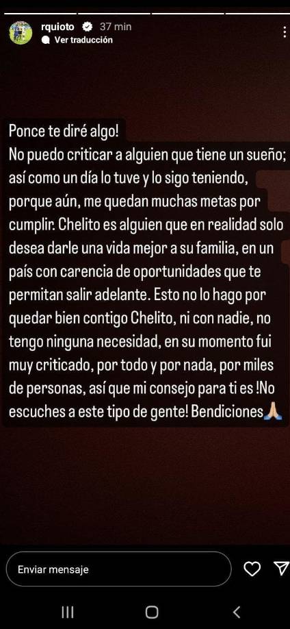 Estas fueron las palabras de Romell Quioto para Orlando Ponce. 
