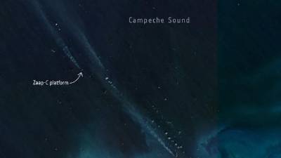 La plataforma, en la que fue identificada la fuga de gas metano, está ubicada cerca de Campeche, en el sur de México y es una de las plataformas petroleras más grandes del país. Fotografía: Agencia Espacial Europea.