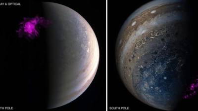 Imágenes de los polos de Júpiter procedentes del satélite Juno de la NASA y del telescopio de rayos X Chandra de la NASA.