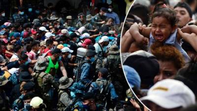 La caravana de migrantes hondureños que salió anoche de San Pedro Sula ya se encuentra en Guatemala, país al que entró luego de que los viajeros rompieran el cerco polical humano montado por las autoridades guatemaltecas. Fotos: AFP