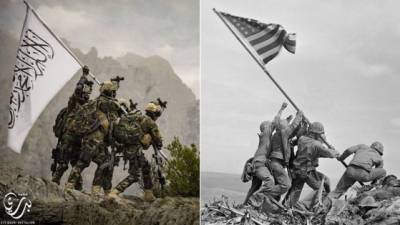 Los talibanes se burlaron de la famosa foto de la Segunda Guerra Mundial de soldados estadounidense levantando la bandera de su país en Iwo Jima.//Twitter.