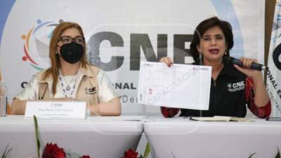 Las consejeras del CNE Ana Paola Hall y Rixi Moncada dieron conferencia de prensa en un hotel de Tegucigalpa.