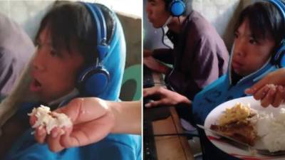 Carlito no despega la vista de la pantalla mientras su madre le da de comer.