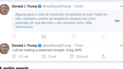 Twitter señala tuit de Trump que acusa a los demócratas de querer 'robar' la elección.