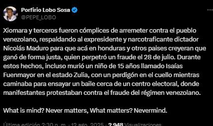 Hackean cuenta de X del expresidente Porfirio Lobo Sosa