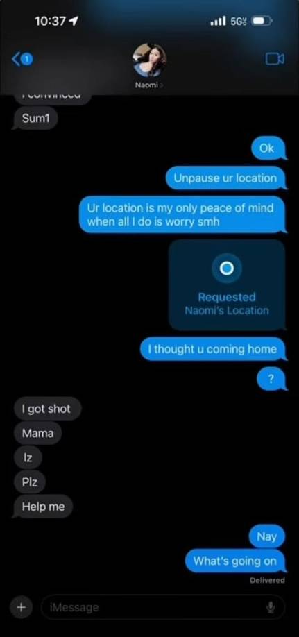 La madre de Naomi, Drea Briggs, compartió en redes sociales el estremecedor mensaje que recibió de su hija segundos después del ataque: <b>“Me dispararon. Mamá, por favor, ayúdame”</b>. 