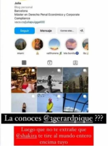 “¿La conoces Gerard? Luego no te extrañe que Shakira te tire al mundo entero encima de ti”, escribió el paparazzi en sus Instorias de Instagram en donde compartió el perfil de la `nueva aventura‘ del exfutbolista.