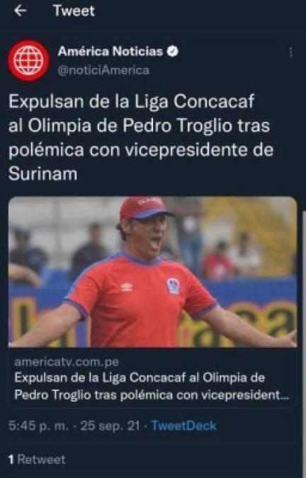 América Noticias de Perú: 'Expulsan de la Liga Concacaf al Olimpia de Pedro Troglio tras polémica con vicepresidente de Surinam'.
