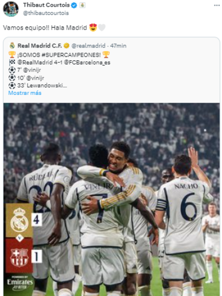 Thibaut Courtois, portero del Real Madrid no desaprovechó el momento para publicar un mensaje de ánimo a su equipo.