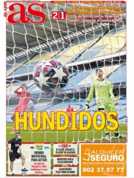 Diario As - 'Hundidos'. 'Dos errores garrafales de Varane dejan al Madrid fuera de la Champions'.