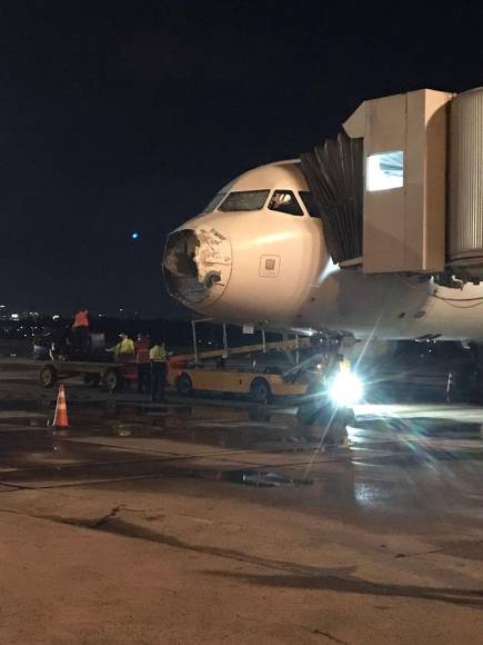 El avión perdió el “morro” o nariz -la parte frontal de su fuselaje- y llegó con el parabrisas destrozado, según se puede observar en imágenes que se viralizaron en redes sociales.