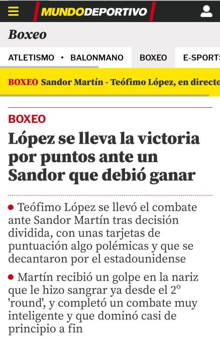 Mundo Deportivo: “López se lleva la victoria por puntos ante un Sandor que debió ganar”.