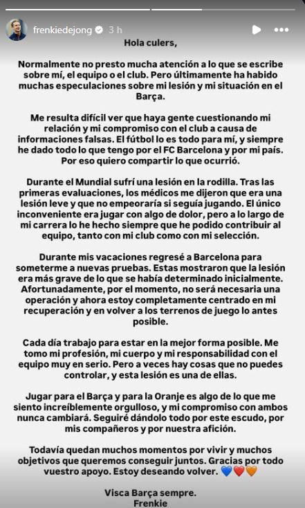 El comunicado de Frenkie de Jong tras confirmarse su lesión.