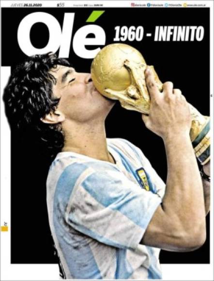 Diario Olé de Argentina - '1960 - infinito', el títular del periódico argentino con una imagen de Maradona besando la Copa del Mundo conquistada en México 86.