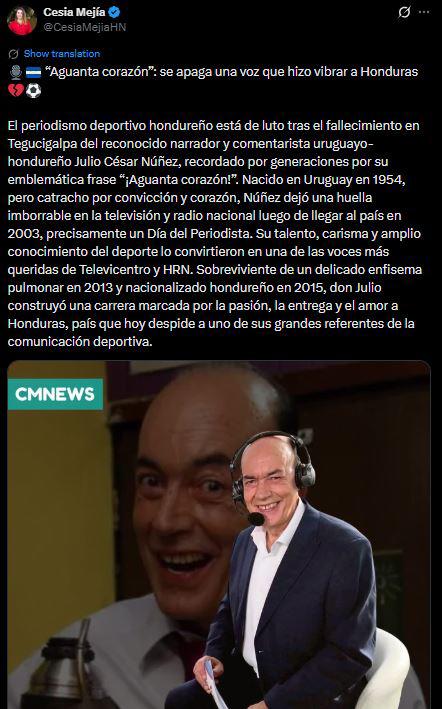 Dolorosos mensajes: Consternación en Honduras por muerte de Julio César Núñez