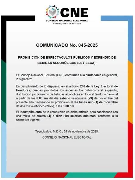 Comunicado sobre la Ley Seca emitido por el Consejo Nacional Electoral días atrás.