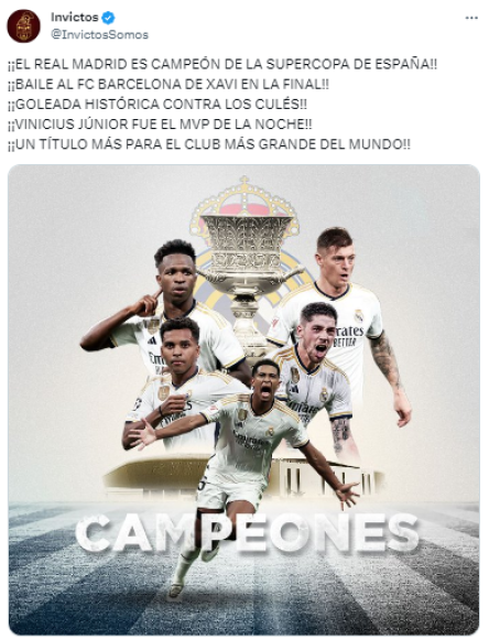 La publicación de Invictos tras el nuevo título del Real Madrid ante el Barcelona en la Supercopa de España. 