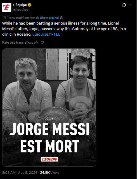 Conmoción tras muerte de Jorge Messi: Barcelona-Real Madrid dejan mensajes a Leo