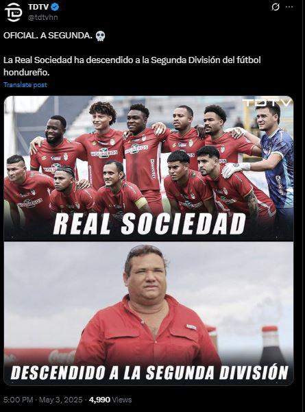 Prensa reacciona: esto dicen tras nuevo descenso de Real Sociedad en Honduras