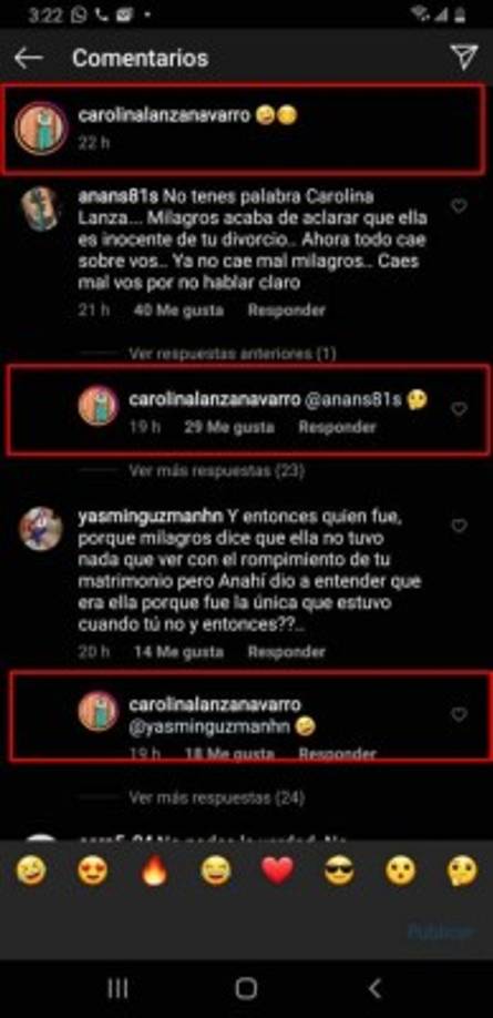 Finalmente, la periodista reaccionó a quienes le preguntaban si Milagro decía la verdad. Una captura de pantalla muestra las respuestas de Lanza, en las que se limitó a usar emojis de risa y duda.