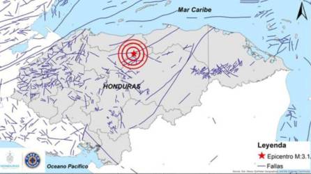 Mapa de Honduras que muestra el punto donde se produjo el sismo.