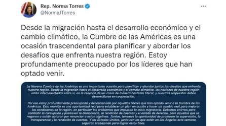 Norma Torres “preocupada” por presidentes que no asistieron a la Cumbre de las Américas