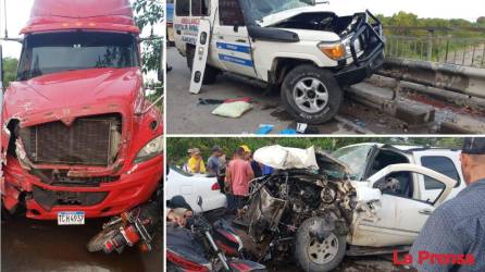Una ambulancia, una rastra, una motocicleta y por lo menos un vehículo particular participaron en un aparatoso accidente múltiple suscitado este viernes durante la mañana.