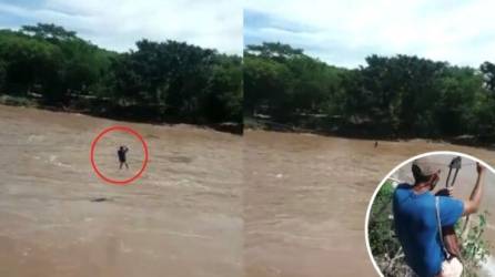 El hombre cruza el Jicatuyo a través de un cable.