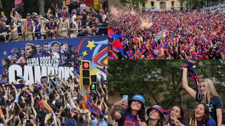 Decenas de miles de aficionados azulgranas se lanzaron este lunes a celebrar los títulos de Liga conseguidos por los equipos femenino y masculino del <b>Barcelona</b>, acompañando a sus ídolos por las calles de la capital catalana.