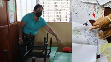 Este es el escritorio en el que se sentaba la niña en su escuela en Lepaera. Su maestra mostró los trabajos que hacía.