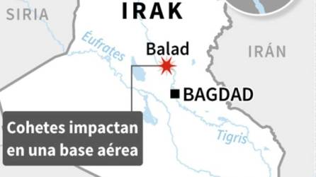 Mapa localizando la base aérea de Balad alcanzada por cohetes este domingo. Foto: AFP