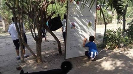 Un niño hondureño recibe clases debajo de un árbol en el sector Rivera Hernández de San Pedro Sula, zona norte de Honduras.