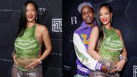 La cantante Rihanna asistió anoche al evento de su marca de cosméticos, Fenty Beauty. La estrella nacida en Barbados desfiló por la alfombra roja acompañada de su pareja, el rapero A$AP Rocky. Rihanna lució un hermoso conjunto de lentejuelas en tonalidad verde y purpura que dejaba ver su pancita.