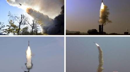This combination of images taken between November 2, 2022 and November 5, 2022 and released on November 7, 2022 by North Korea's official Korean Central News Agency (KCNA) shows various missile tests being performed by the North's Korean People's Army at undisclosed locations. - North Korean forces said they would respond to joint exercises by the US and South Korea with sustained, resolute and overwhelming military measures, its state media reported on November 7. The warning came following a spate of missile tests by North Korea last week, including four ballistic missiles on November 5, while the US and South Korea conducted their biggest-ever air force drills. (Photo by KCNA VIA KNS / AFP) / South Korea OUT / ---EDITORS NOTE--- RESTRICTED TO EDITORIAL USE - MANDATORY CREDIT AFP PHOTO/KCNA VIA KNS - NO MARKETING NO ADVERTISING CAMPAIGNS - DISTRIBUTED AS A SERVICE TO CLIENTS / THIS PICTURE WAS MADE AVAILABLE BY A THIRD PARTY. AFP CAN NOT INDEPENDENTLY VERIFY THE AUTHENTICITY, LOCATION, DATE AND CONTENT OF THIS IMAGE --- /