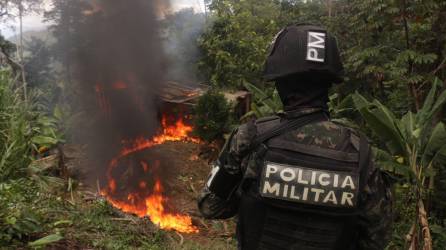 Agente de la Policía Militar observa la incineración de un narcolaboratorio.
