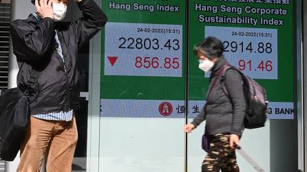 Un hombre usa su teléfono junto a un letrero que muestra los números del índice Hang Seng antes del cierre, cuando las acciones de Hong Kong cayeron el 24 de febrero de 2022 cuando se conoció la noticia de que Rusia invadió Ucrania.