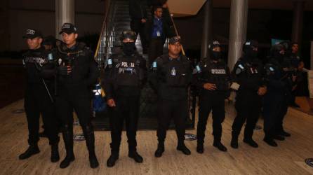 Policías resguardan una de las entradas al Congreso Nacional.