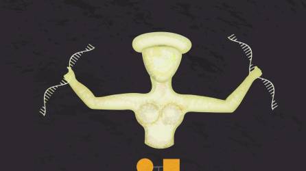 Representación artística de una diosa minoica sosteniendo cadenas de ADN en lugar de serpientes para ilustrar la investigación sobre endogamia entre primos hermanos y primos segundos en la Edad del Bronce egea.
