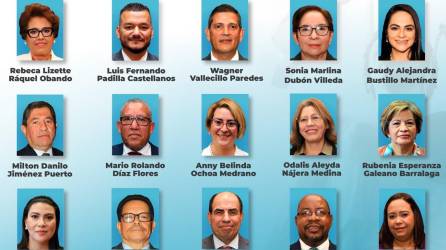 Los rostros de los 15 nuevos magistrados de la Corte Suprema de Justicia, que fueron electos anoche en el Congreso Nacional de Honduras.